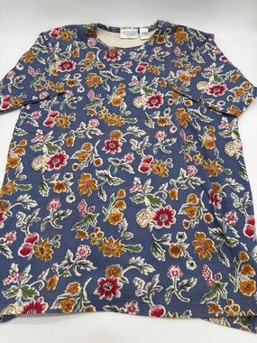 Van Heusen for Her Blue Floral Crewneck Short Sleeve Tee Shirt Medium (Read)